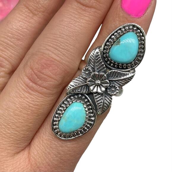 Campitos Turquoise Ring Size 6.5 Solid Sterling Silver 925 Natural Stone Flower - Picture 10 of 10